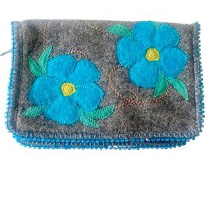 Recycled Zip Around Vegan Wallet Handmade Beaded Floral Applique